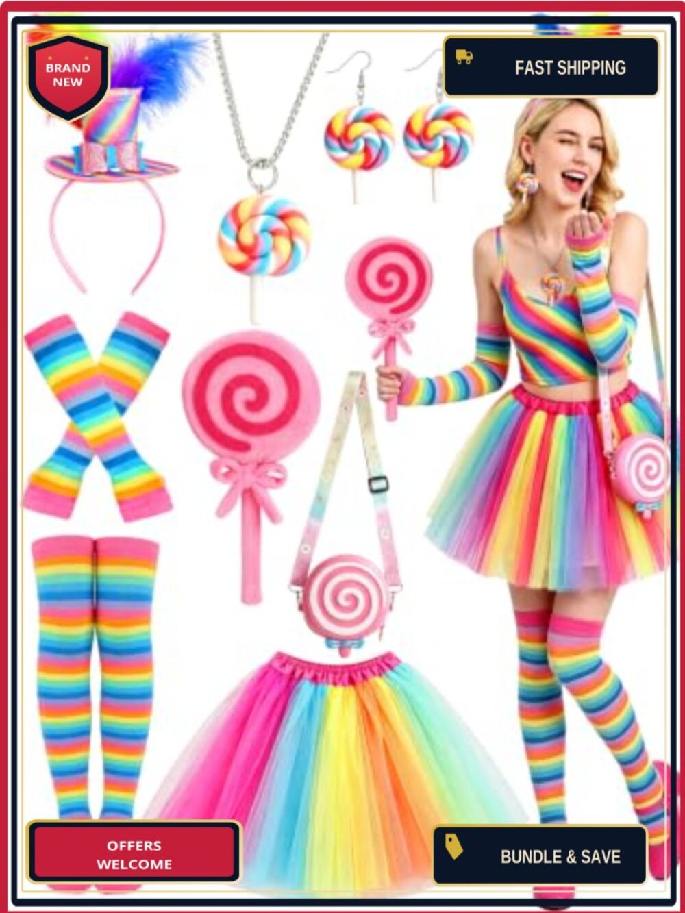 8Pc Candyland Costume Set Tutu Top Hat Lollipop Bag Halloween Cosplay